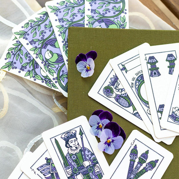 Carte trevisane personalizzate sparse con fiori, colori verde e viola