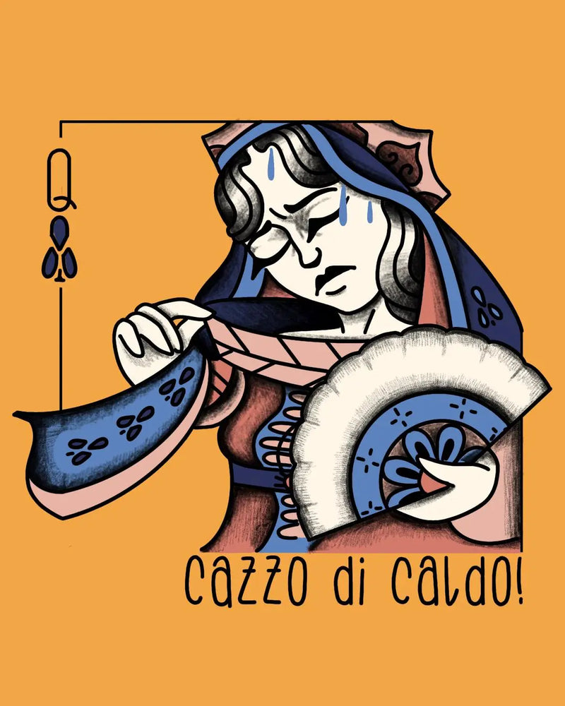 Una mano dispone un ventaglio di carte viola dentro una cornice dorata appoggiata sul tessuto