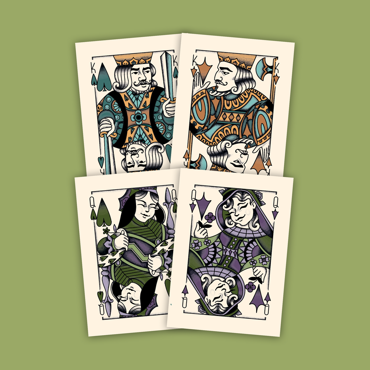 King e Queen del mazzo da poker nella palette verde e viola, disposti a due a due