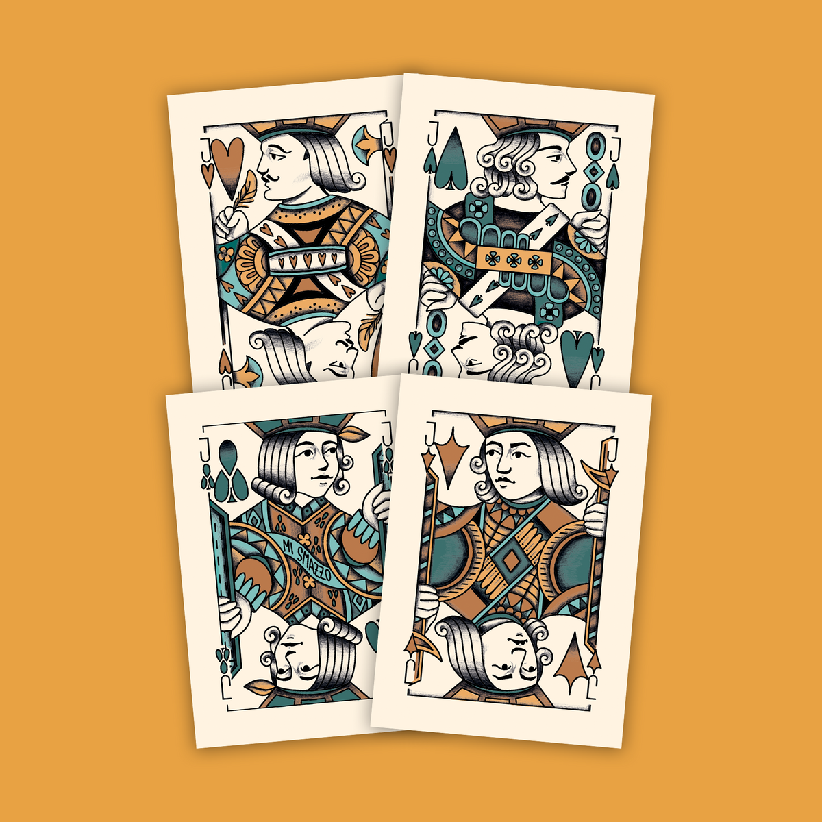 Le stesse figure nella palette turchese e arancio, su fondo giallo