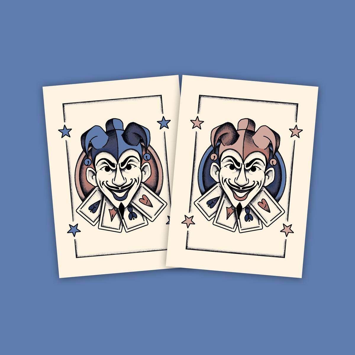 I due Joker del mazzo, illustrati a mano, su fondo blu